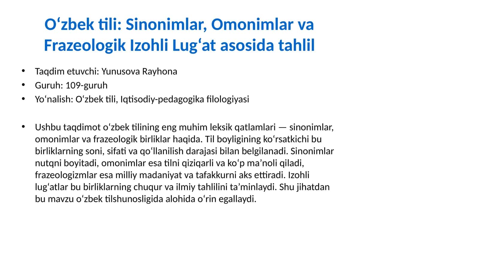 O‘zbek tili: Sinonimlar, Omonimlar va Frazeologik Izohli Lug‘at asosida tahlil 1