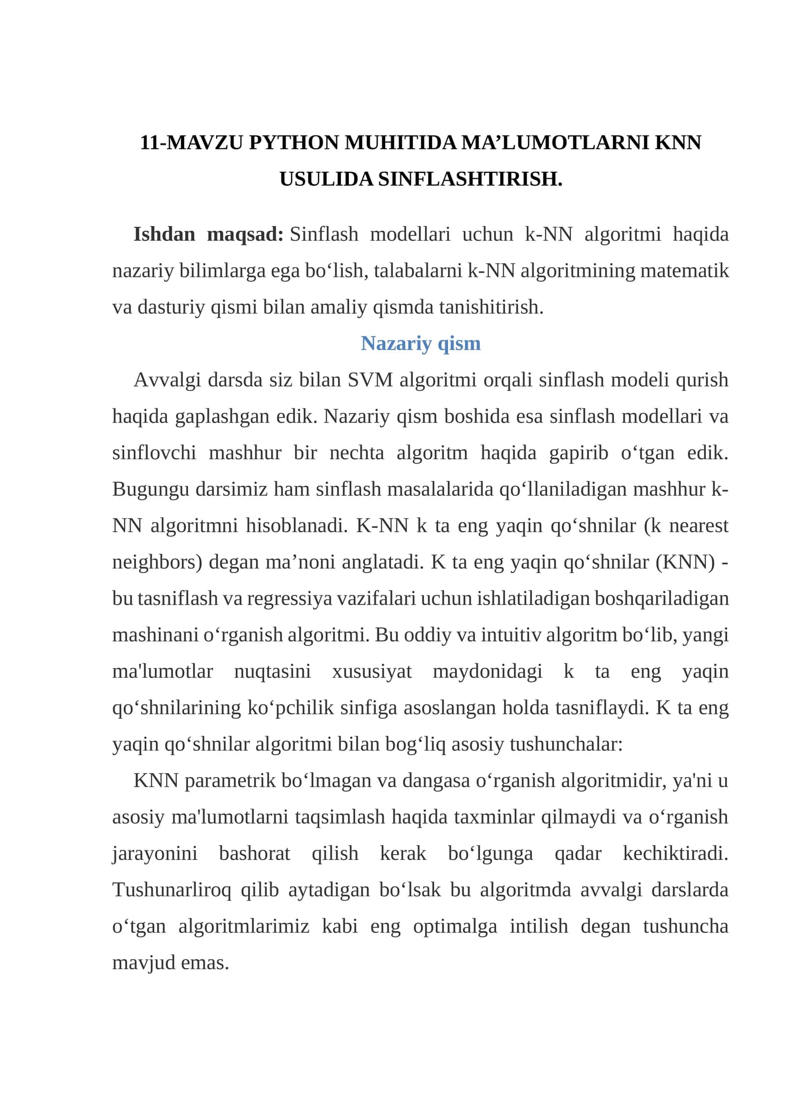 PYTHON MUHITIDA MA’LUMOTLARNI KNN USULIDA SINFLASHTIRISH 1