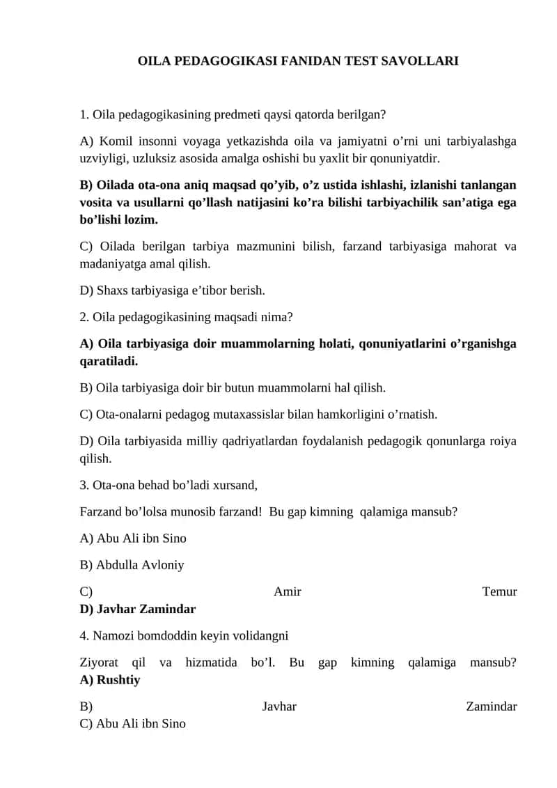 OILA PEDAGOGIKASI FANIDAN TEST SAVOLLARI 1