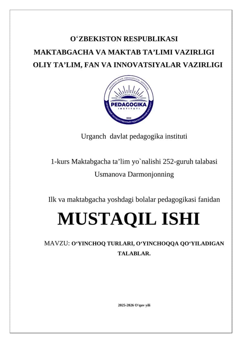 O‘yinchoq turlari, o‘yinchoqqa qo‘yiladigan talablar 1