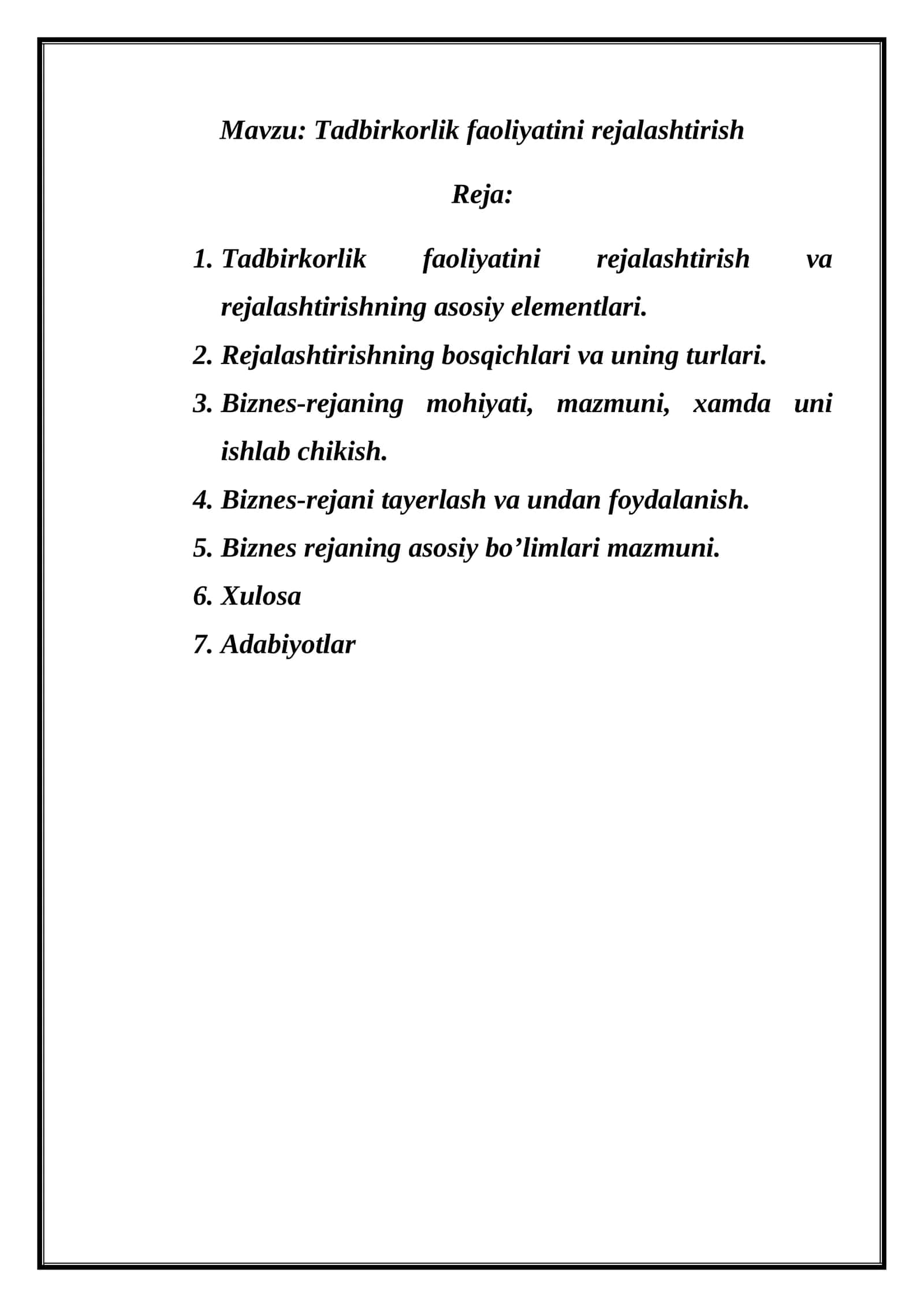 Tadbirkorlik faoliyatini rejalashtirish 1