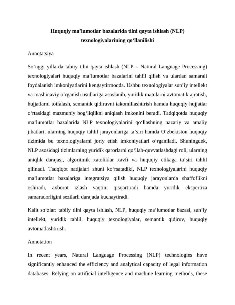 Huquqiy ma'lumotlar bazalarida tilni qayta ishlash (NLP) texnologiyalari 1