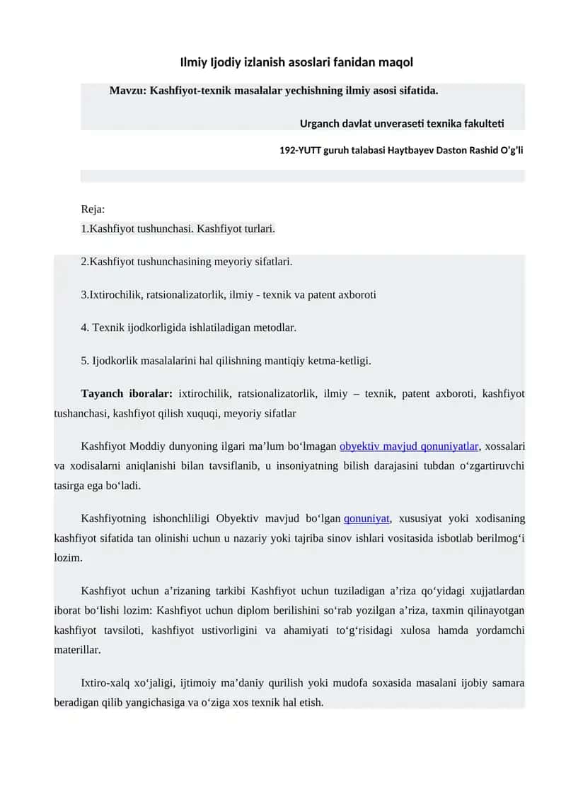 Kashfiyot-texnik masalalar yechishning ilmiy asosi sifatida 1