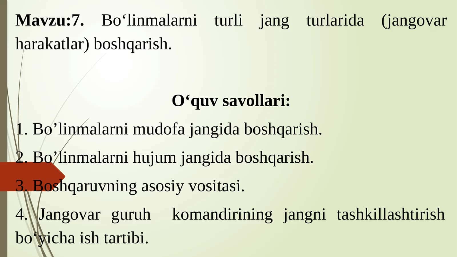 Bo'linmalarni turli jang turlarida (jangovar harakatlar) boshqarish 1