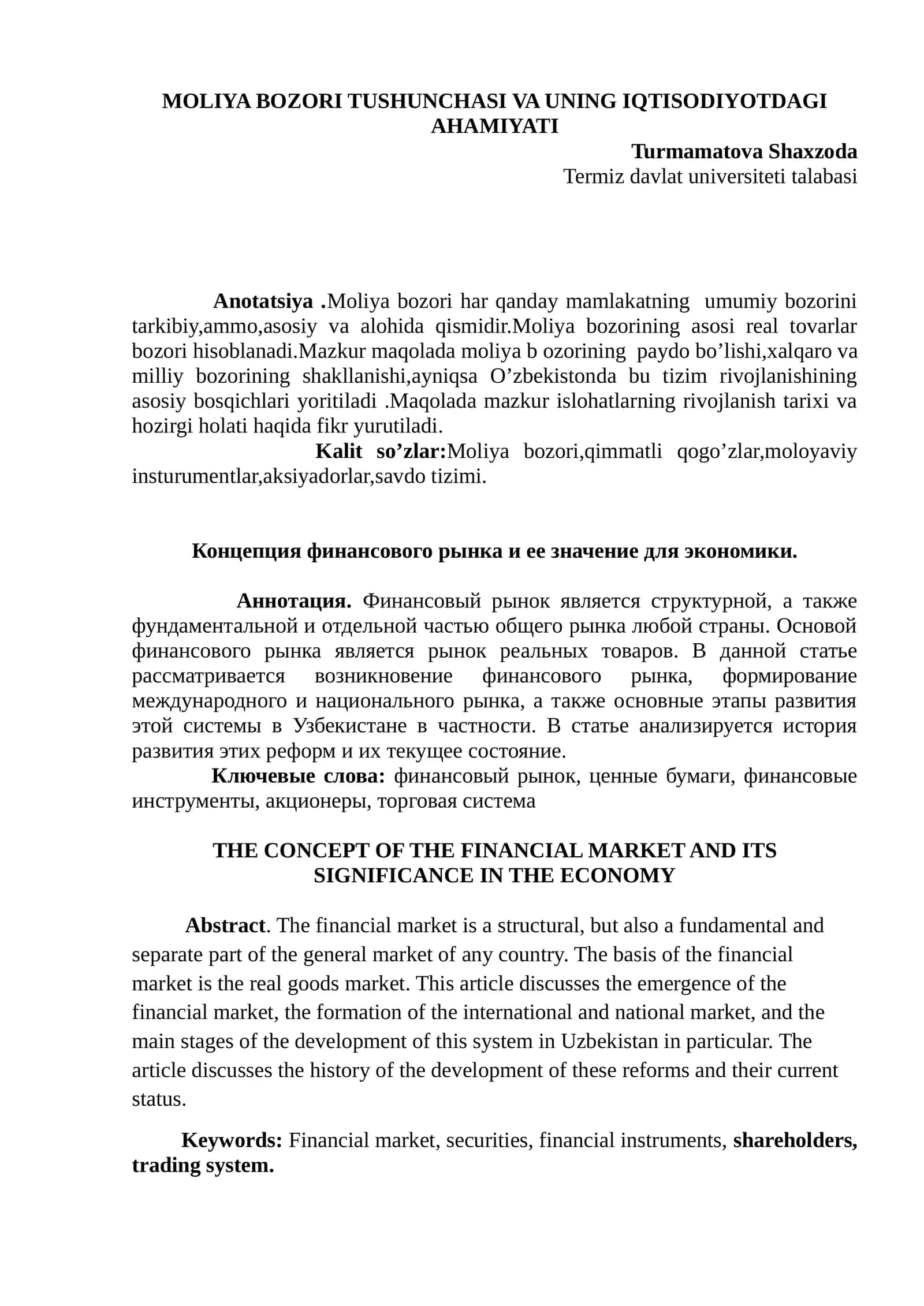 Moliya bozori tushunchasi va uning iqtisodiyotdagi ahmiyati 1