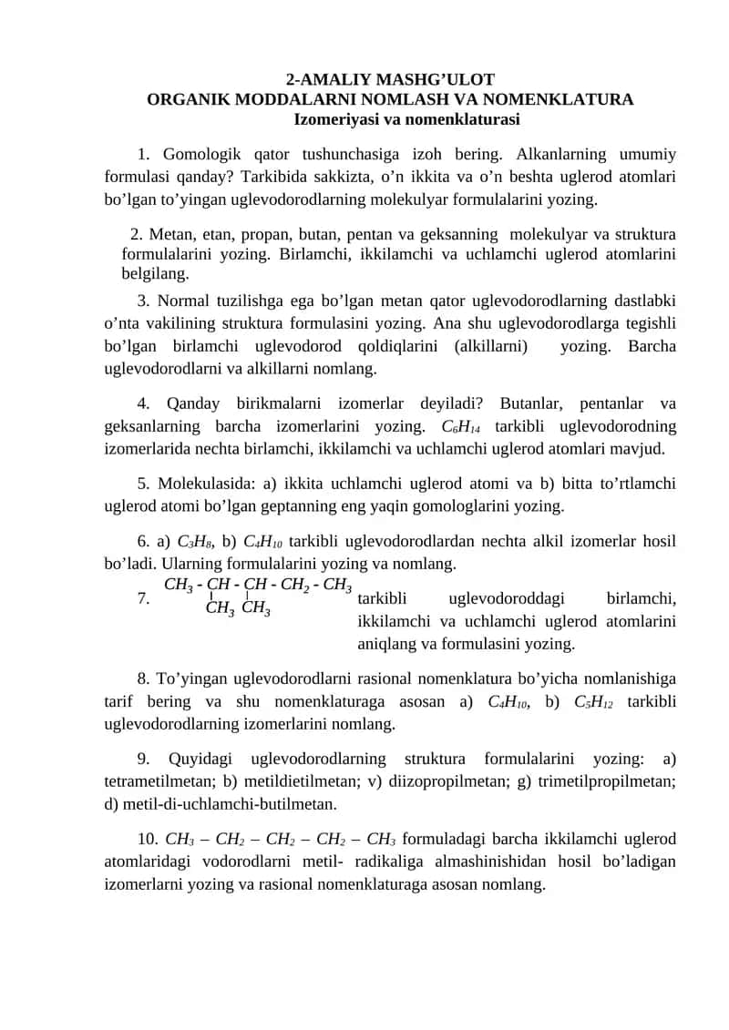 2-AMALIY MASHG’ULOT. ORGANIK MODDALARNI NOMLASH VA NOMENKLATURA 1
