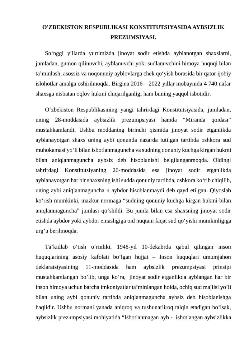 O'ZBEKISTON RESPUBLIKASI KONSTITUTSIYASIDA AYBSIZLIK PREZUMSIYASI 1