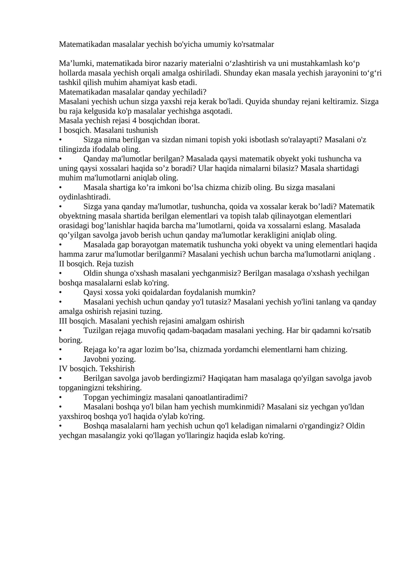 Matematikadan masalalar yechish bo'yicha umumiy ko'rsatmalar 1