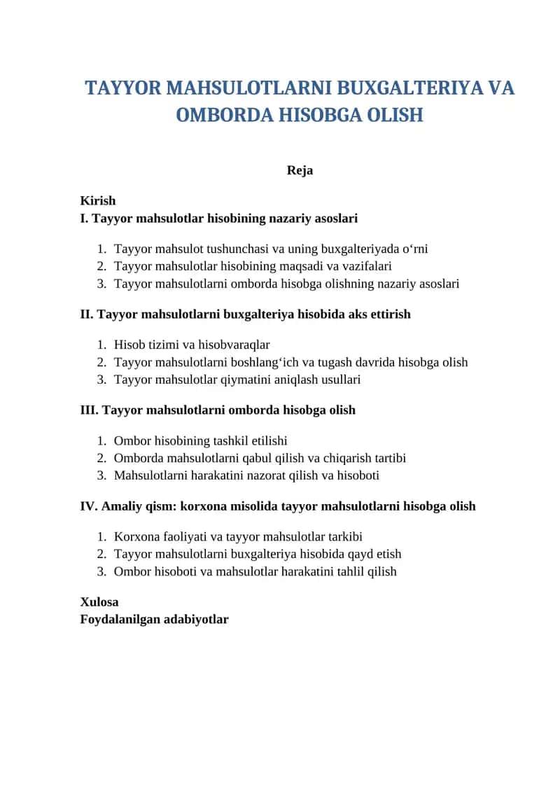 Tayyor mahsulotlarni buxgalteriya va omborda hisobga olish 1
