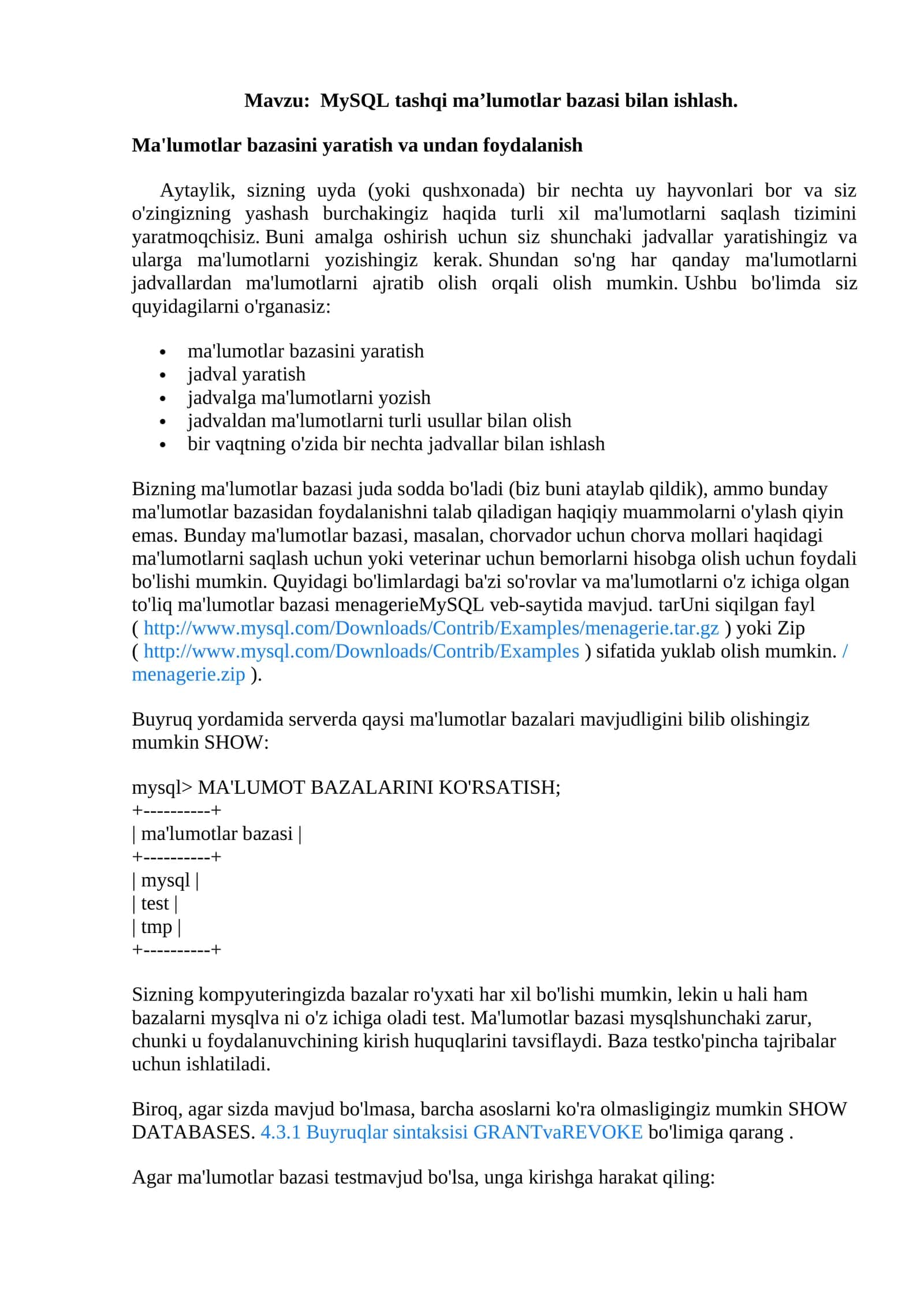MySQL tashqi ma’lumotlar bazasi bilan ishlash 1