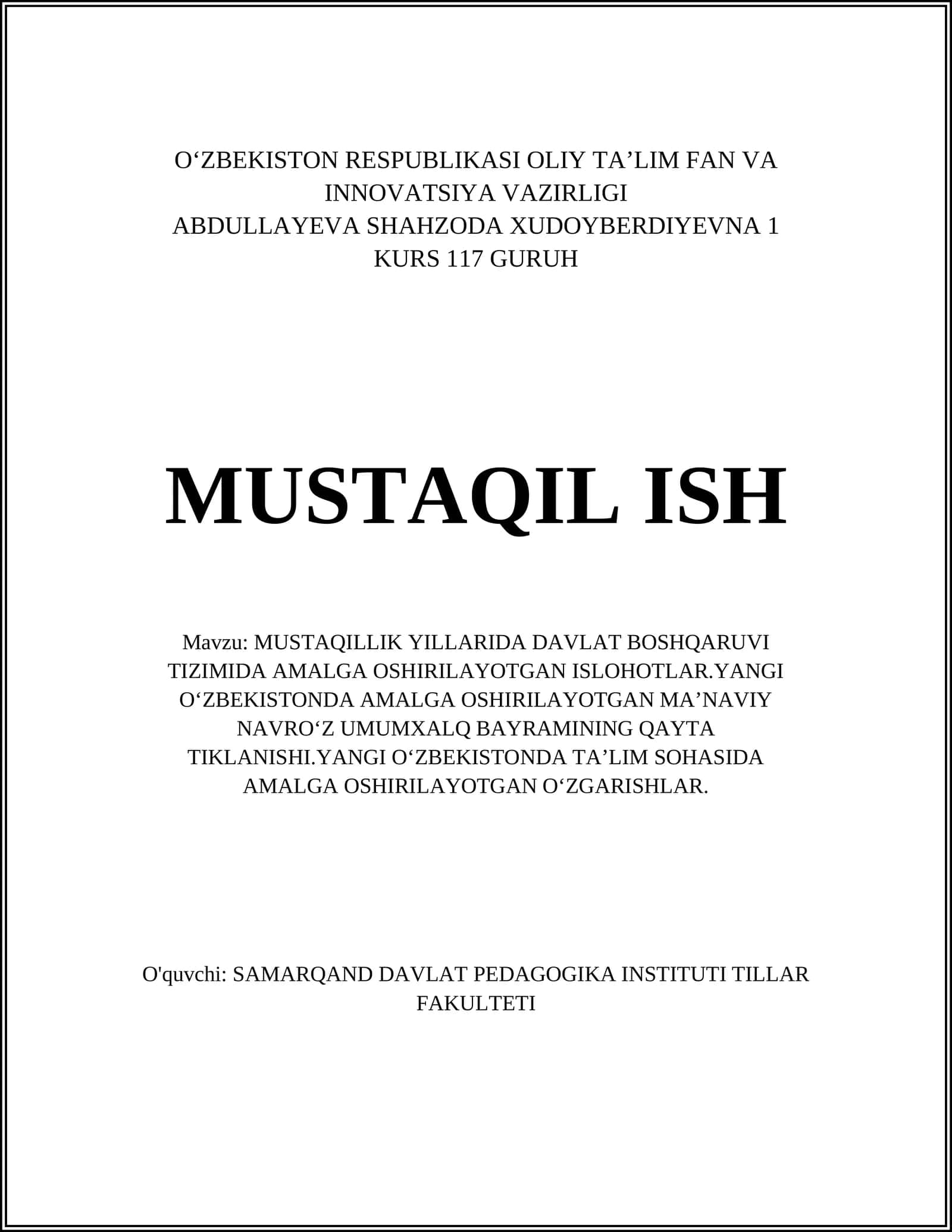 MUSTAQILLIK YILLARIDA DAVLAT BOSHQARUVI TIZIMIDA AMALGA OSHIRILAYOTGAN ISLOHOTLAR 1