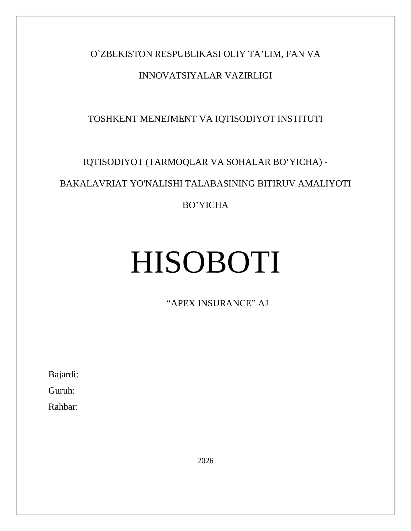 SUGʻURTA xizmatlarini koʻrsatuvchi AJ boʻyicha tayyorlangan Amaliyot hisoboti. 1