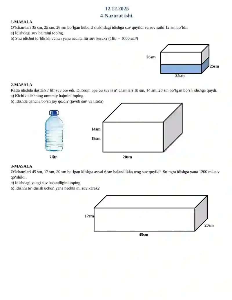 5-sinf matematika 4-nazorat ishi