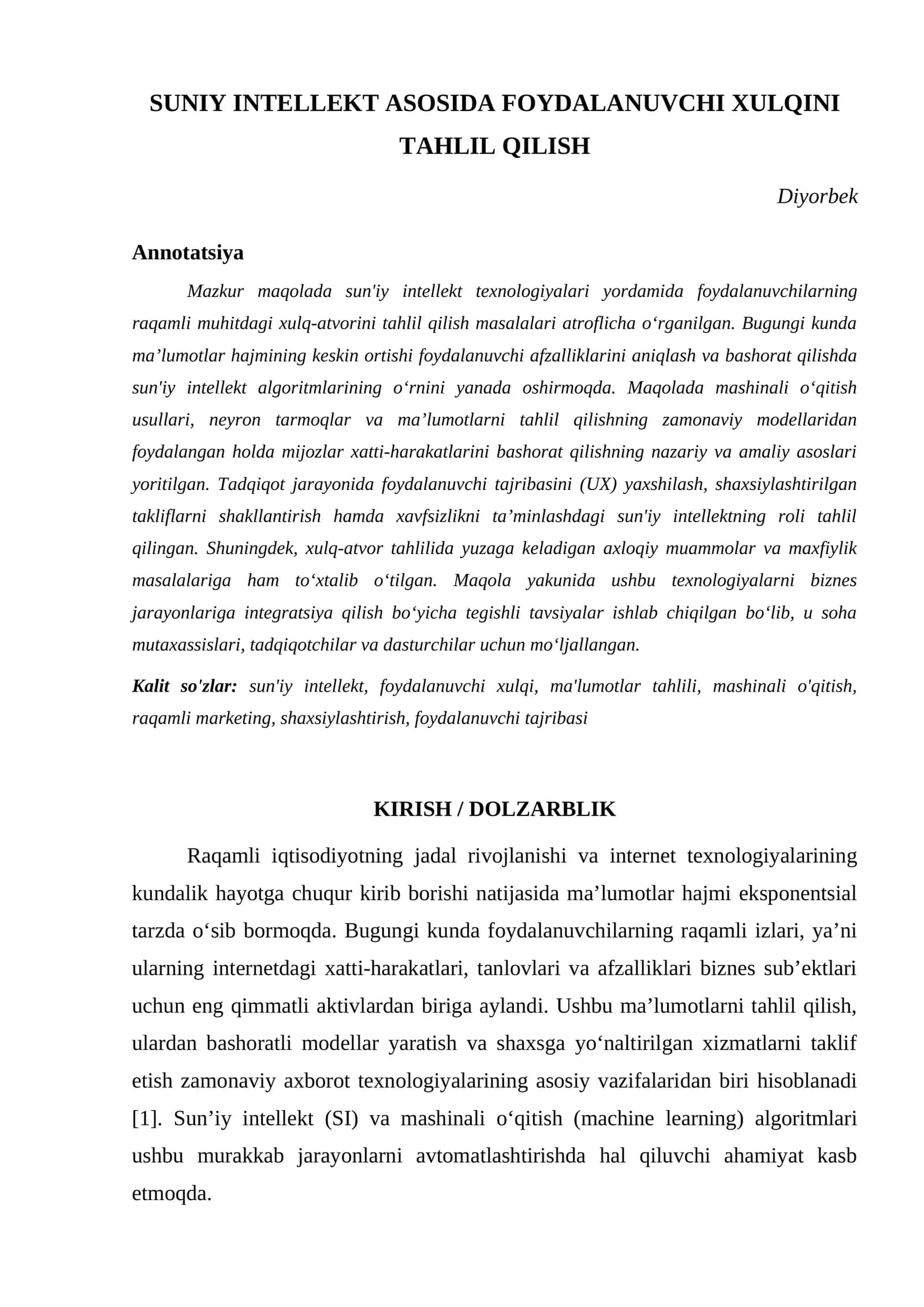 SUNIY INTELLEKT ASOSIDA FOYDALANUVCHI XULQINI TAHLIL QILISH 1