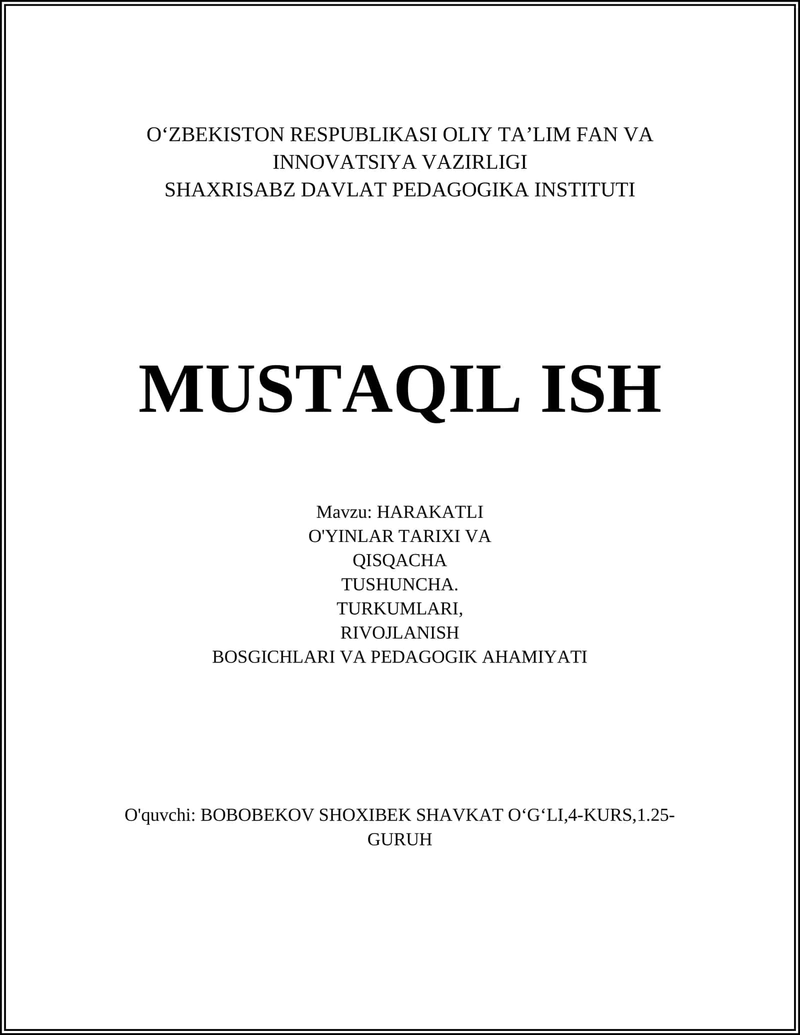 HARAKATLI O'YINLAR TARIXI VA QISQACHA TUSHUNCHA 1