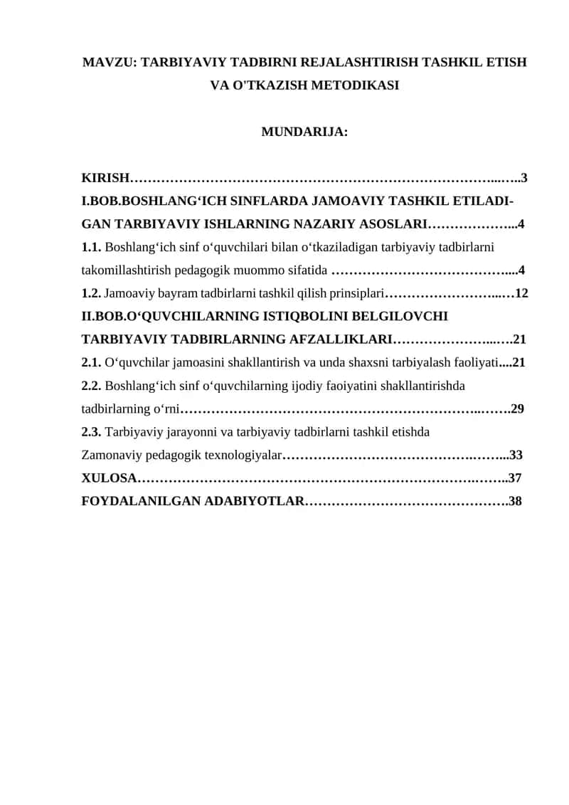 TARBIYAVIY TADBIRNI REJALASHTIRISH TASHKIL ETISH VA O'TKAZISH METODIKASI 1