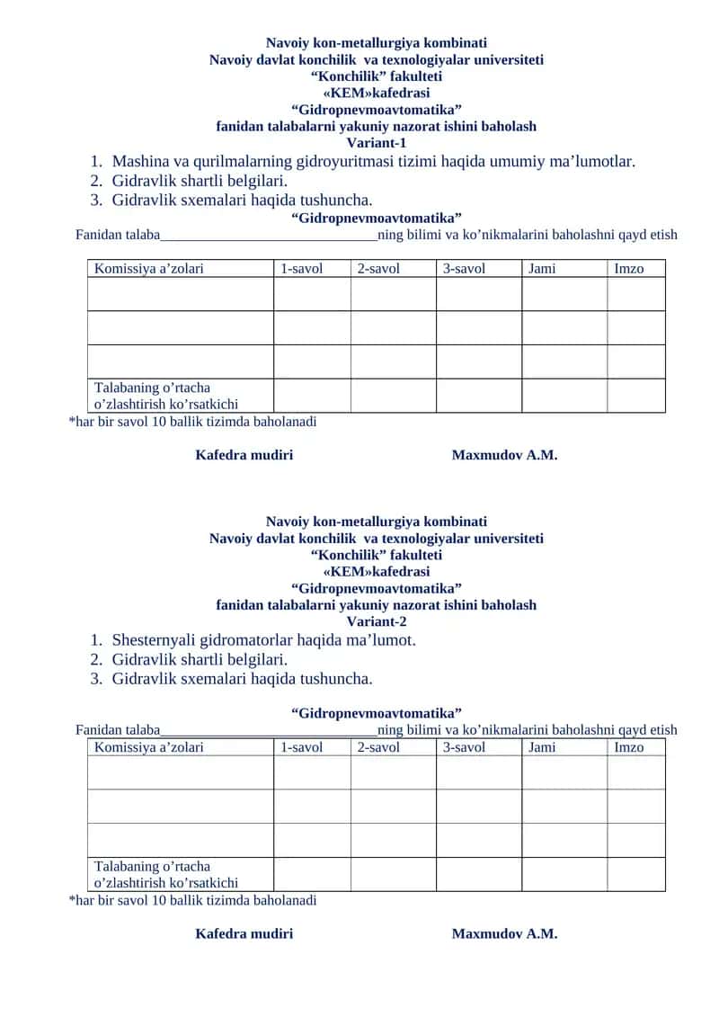 Gidropnevmoavtomatika fanidan talabalarni yakuniy nazorat ishi 1