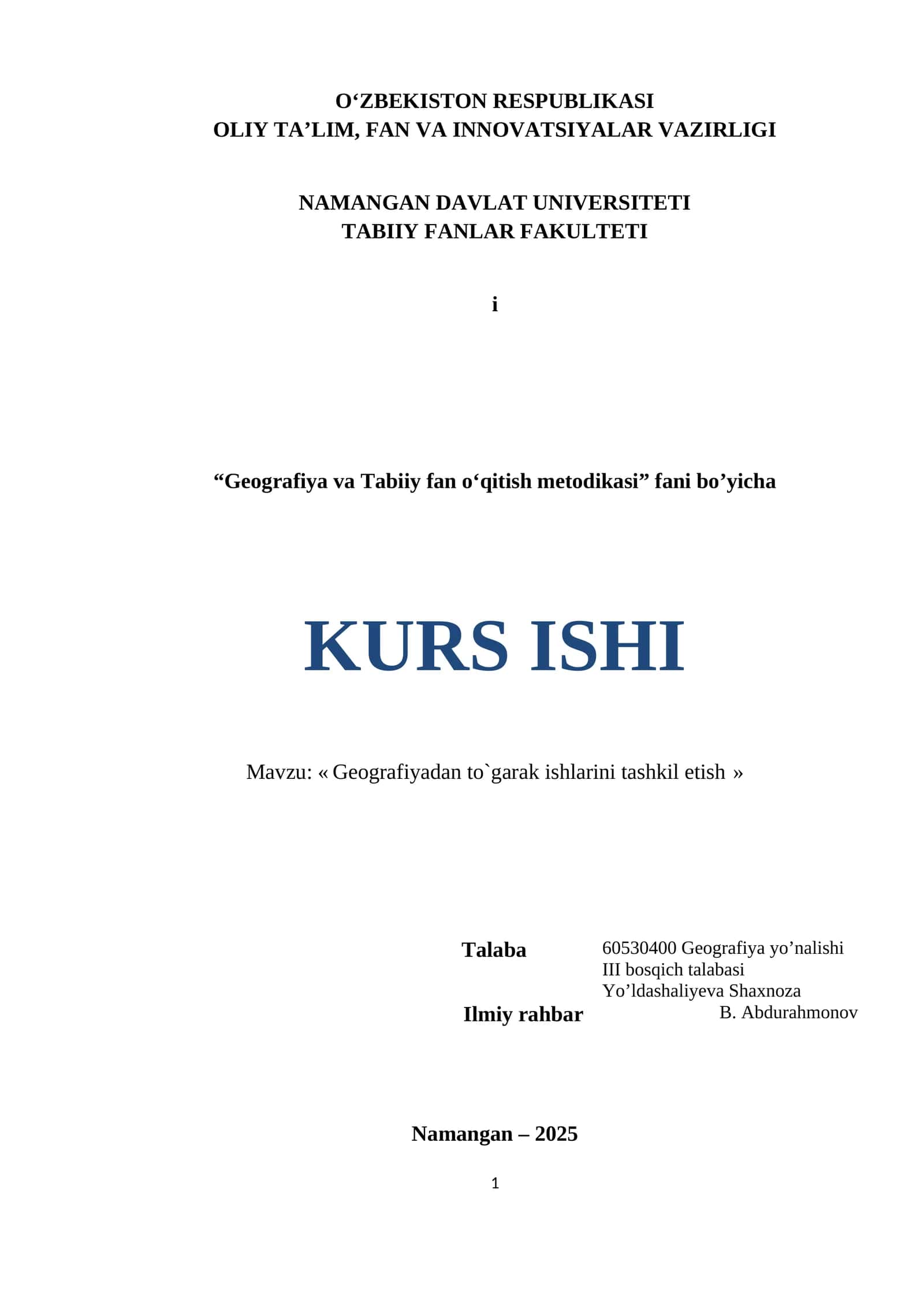 « Geografiyadan to`garak ishlarini tashkil etish » KURS ISHI 1