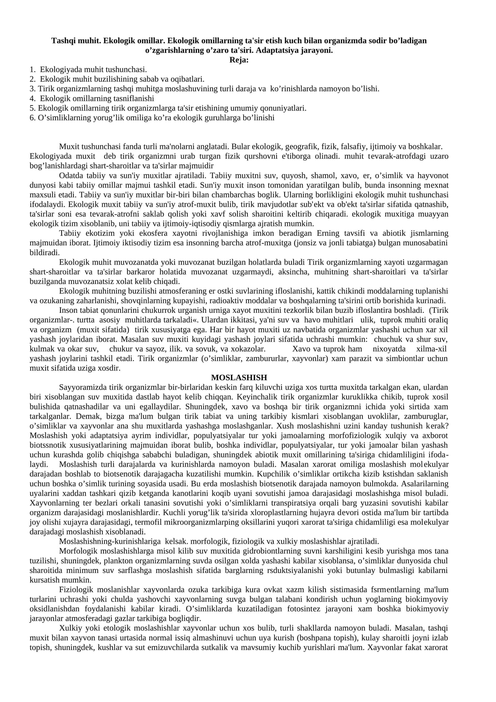 Ekologik omillar va organizmlarning adaptatsiyasi 1