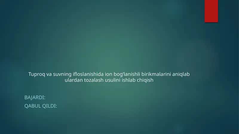 Tuproq vasuvning ifloslanishida ion bog’lanishli birikmalarini aniqlab uchraydigan asosiy ifloslantirgichlar 1