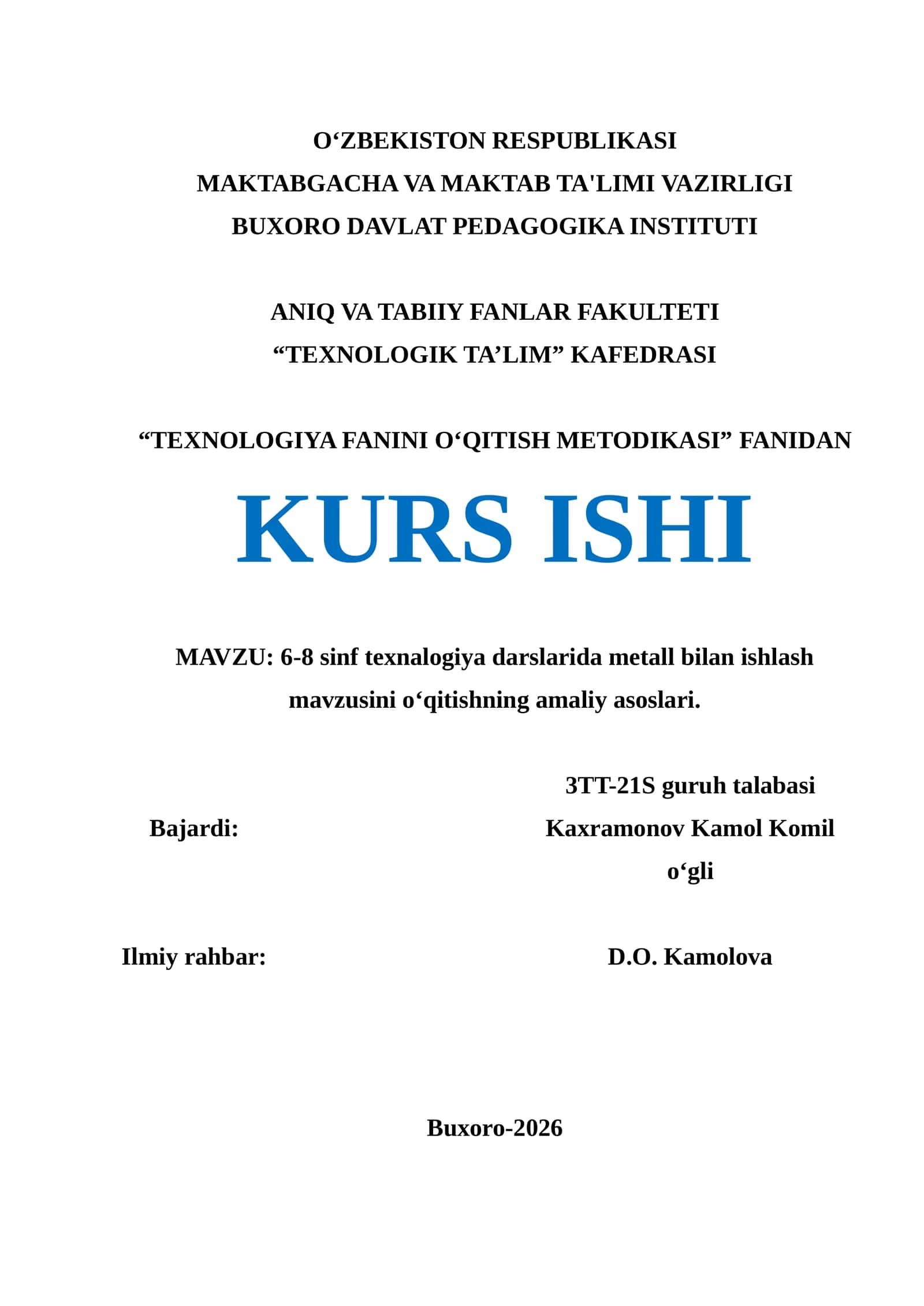 Metall bilan ishlash mavzusini o‘qitishning amaliy asoslari 1