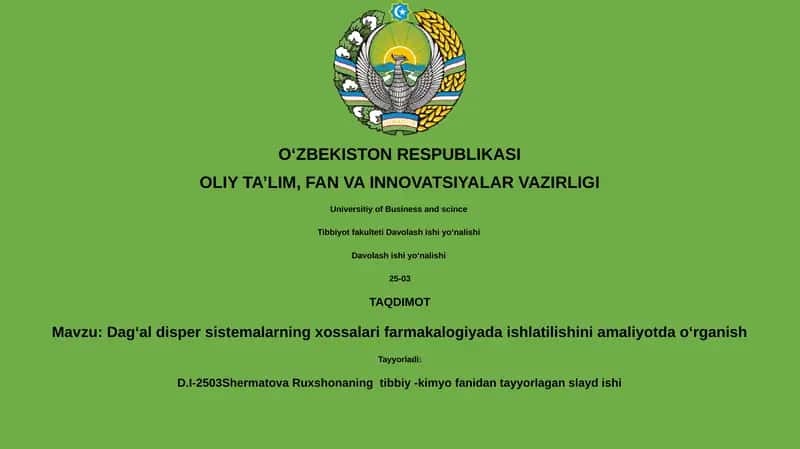 Dagʻal disper sistemalarning xossalari farmakalogiyada ishlatilishini amaliyotda oʻrganish 1