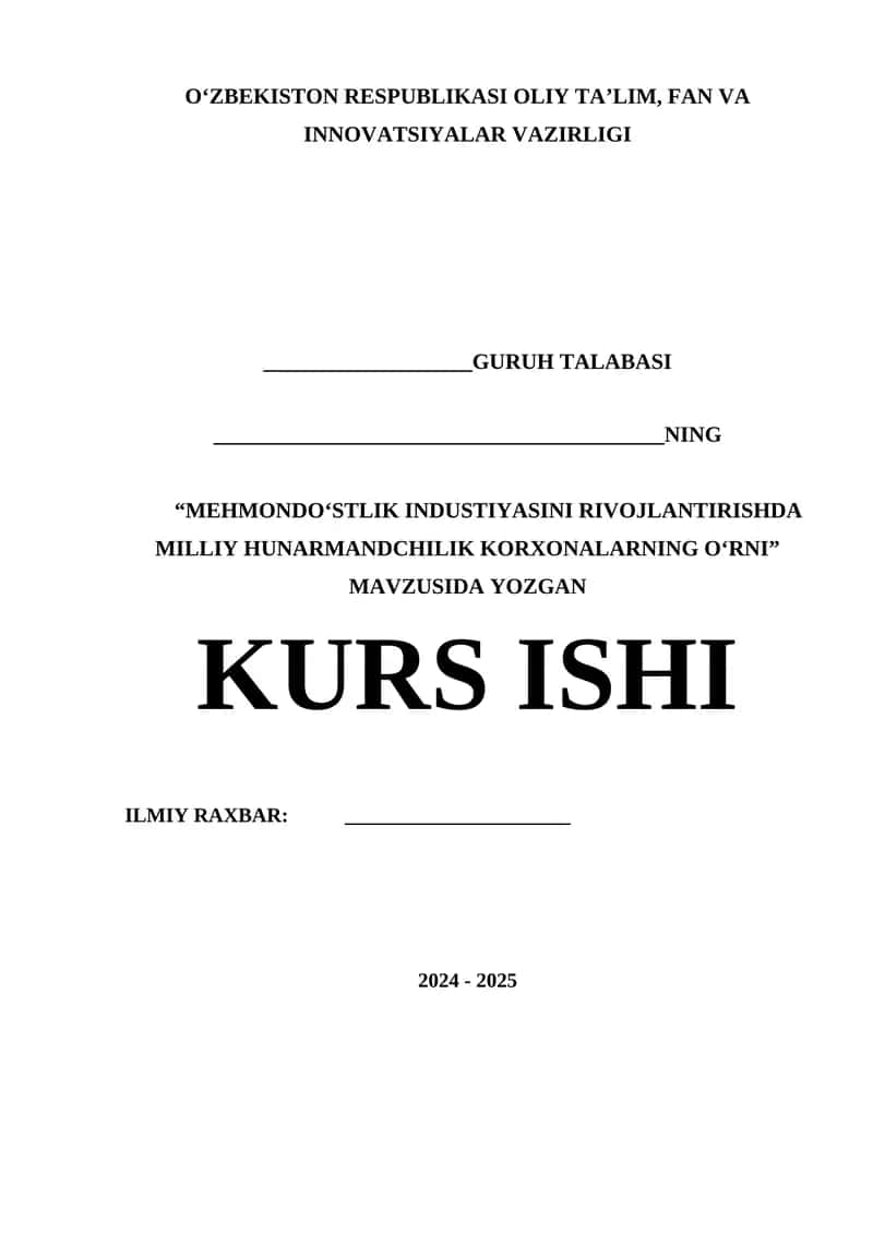MEHMONDOʻSTLIK INDUSTIYASINI RIVOJLANTIRISHDA MILLIY HUNARMANDCHILIK KORXONALARNING OʻRNI 1