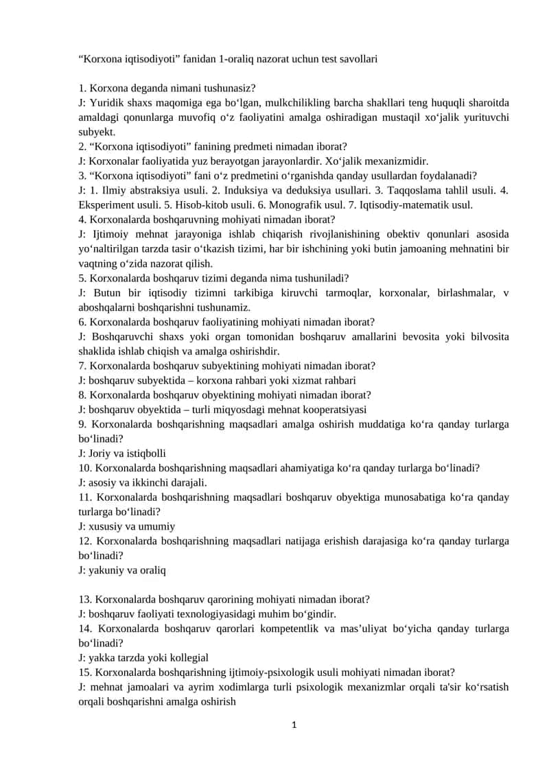 Korxona iqtisodiyoti fanidan 1-oraliq nazorat uchun test savollari 1