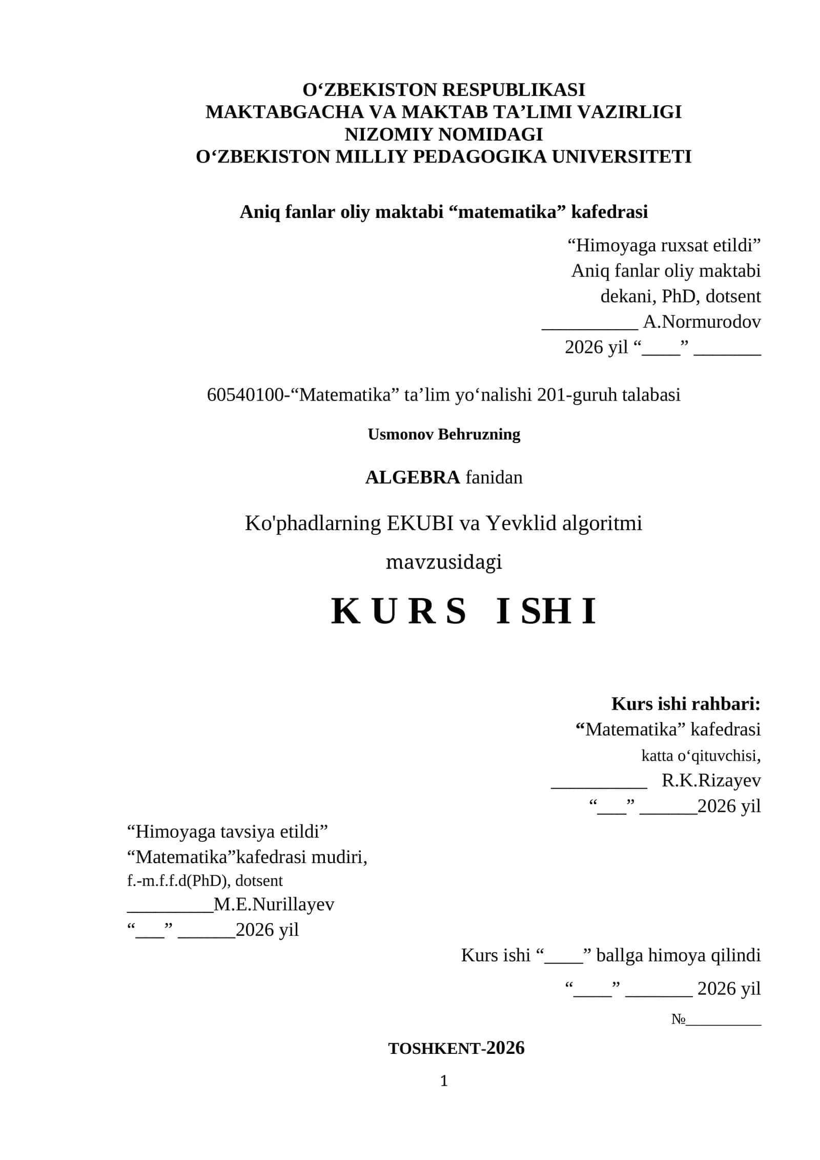Ko'phadlarning EKUBI va Yevklid algoritmi 1
