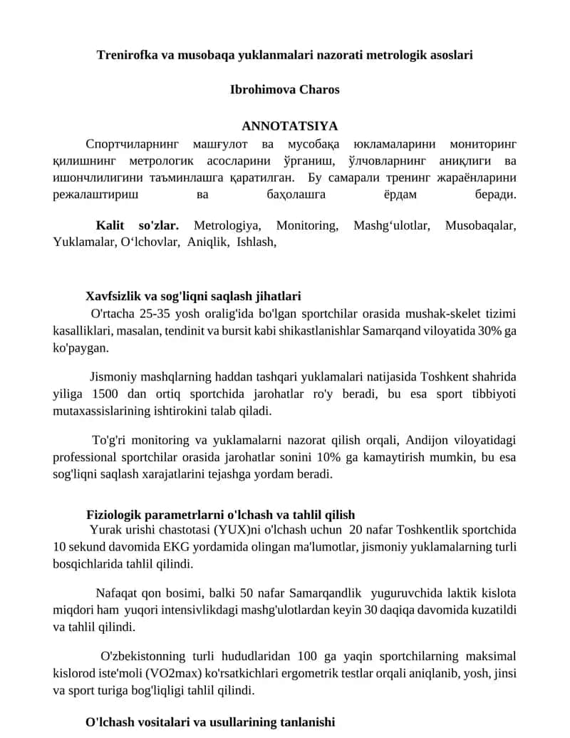 Trenirofka va musobaqa yuklanmalari nazorati metrologik asoslari 1