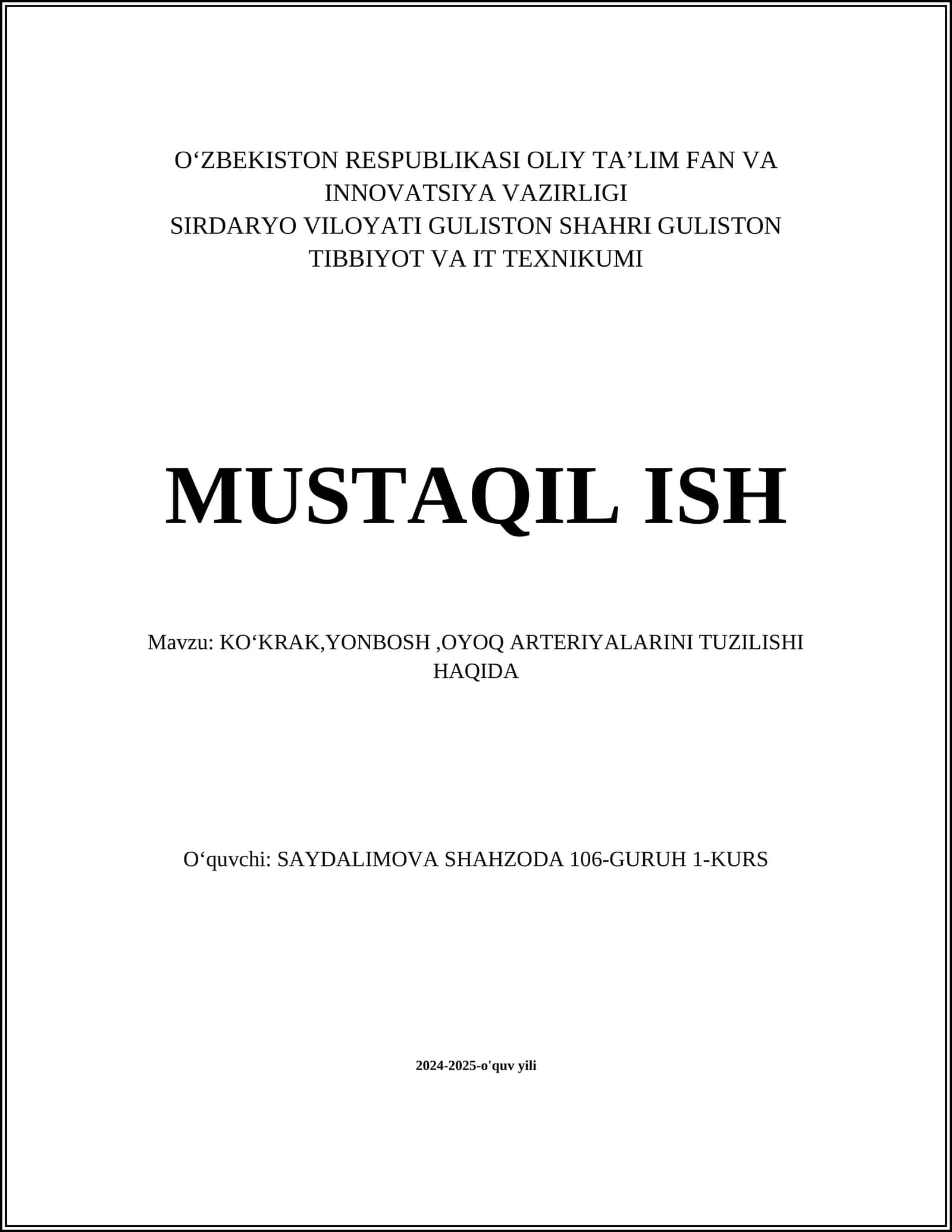 KOʻKRAK, YONBOSH, OYOQ ARTERIYALARINI TUZILISHI HAQIDA 1