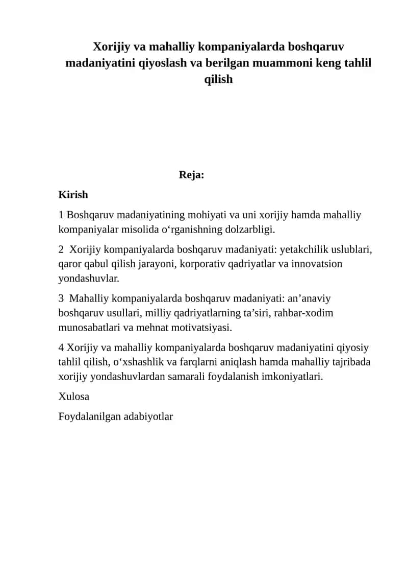 Boshqaruv Madaniyati Qiyoslash va Tahlil Qilish 1