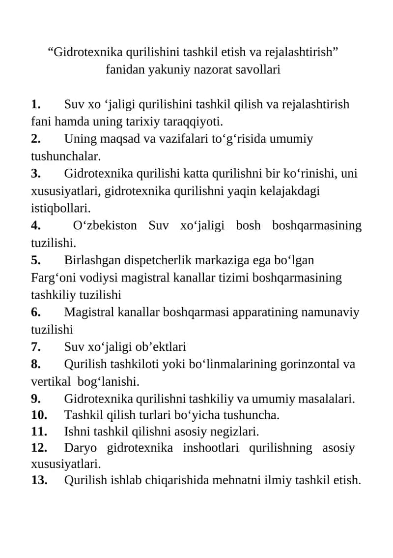 Gidrotexnika qurilishini tashkil etish va rejalashtirish 1