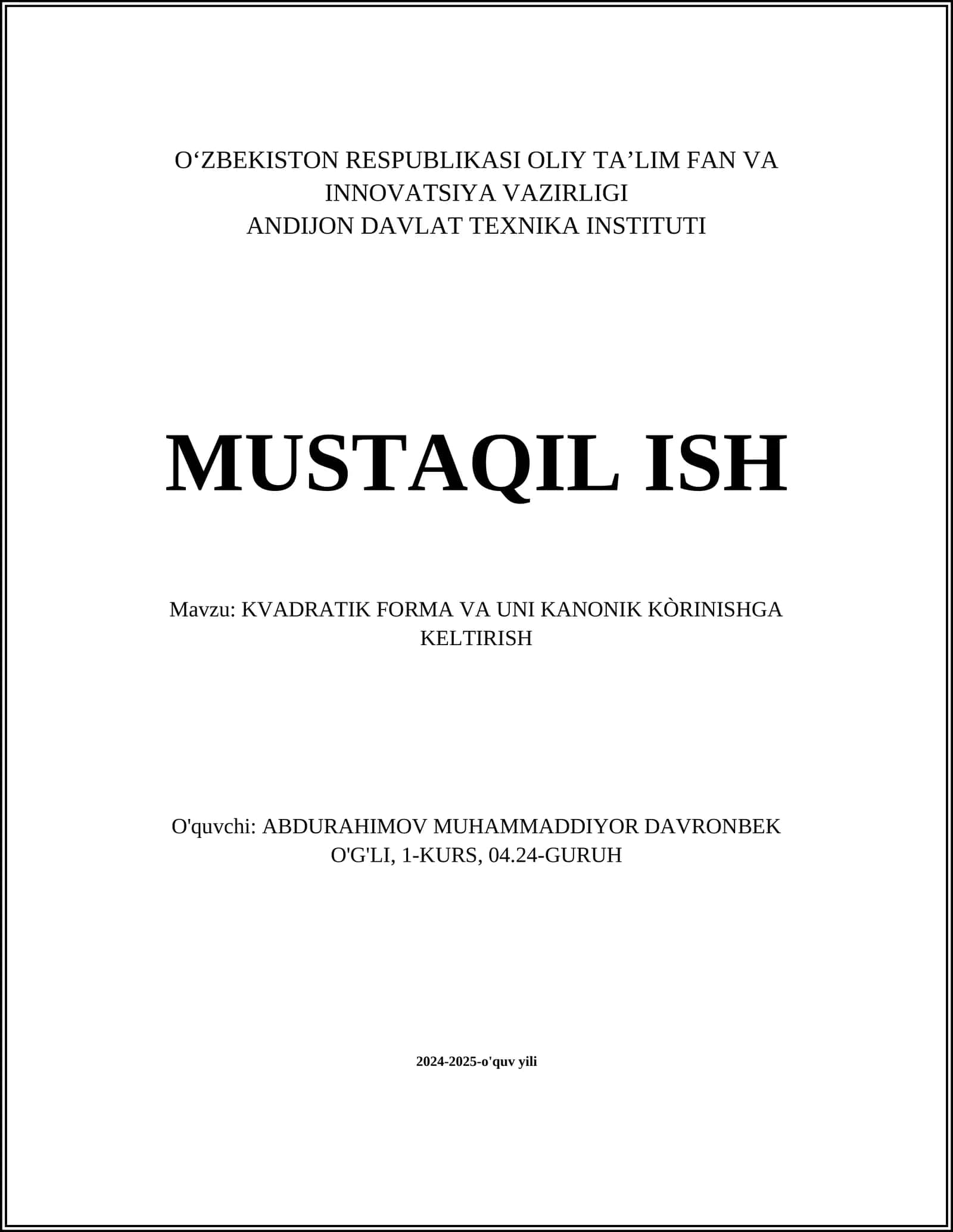 KVADRATIK FORMA VA UNI KANONIK KÒRINISHGA KELTIRISH 1