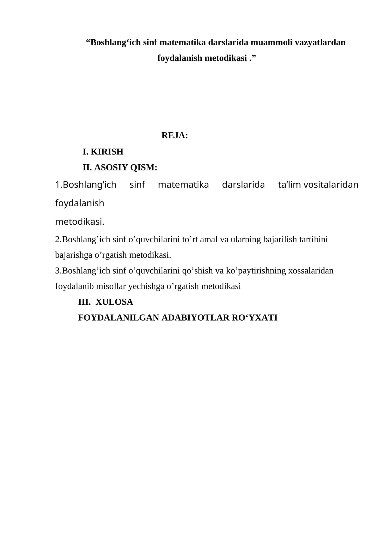 Boshlang‘ich sinf matematika darslarida muammoli vazyatlardan foydalanish metodikasi 1
