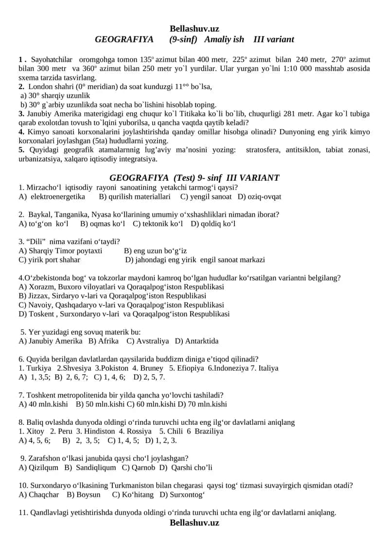 GEOGRAFIYA (9-sinf) Amaliy ish III variant 1