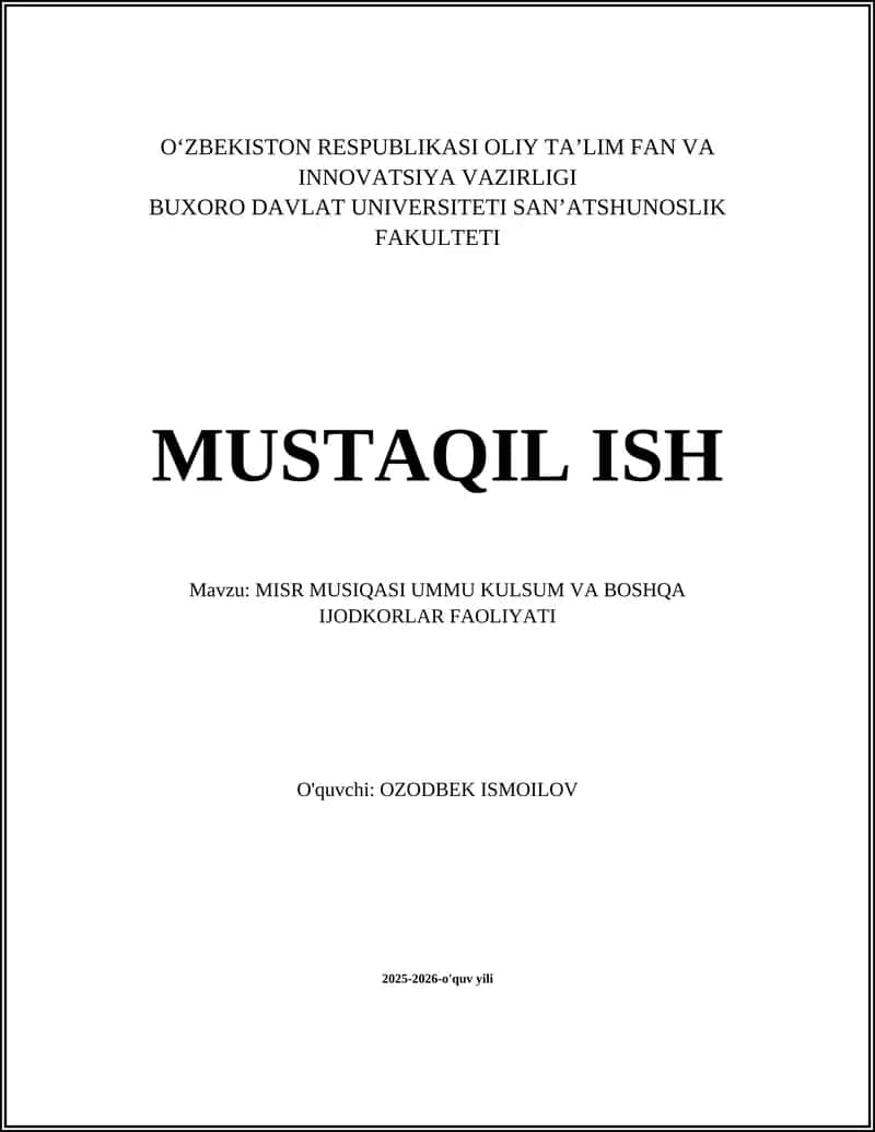 MISR MUSIQASI UMMU KULSUM VA BOSHQA IJODKORLAR FAOLIYATI 1