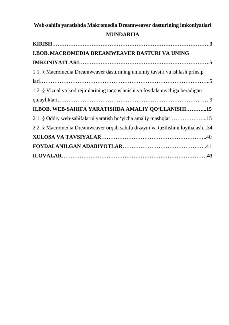 Web-sahifa yaratishda Makromedia Dreamweaver dasturining imkoniyatlari 1
