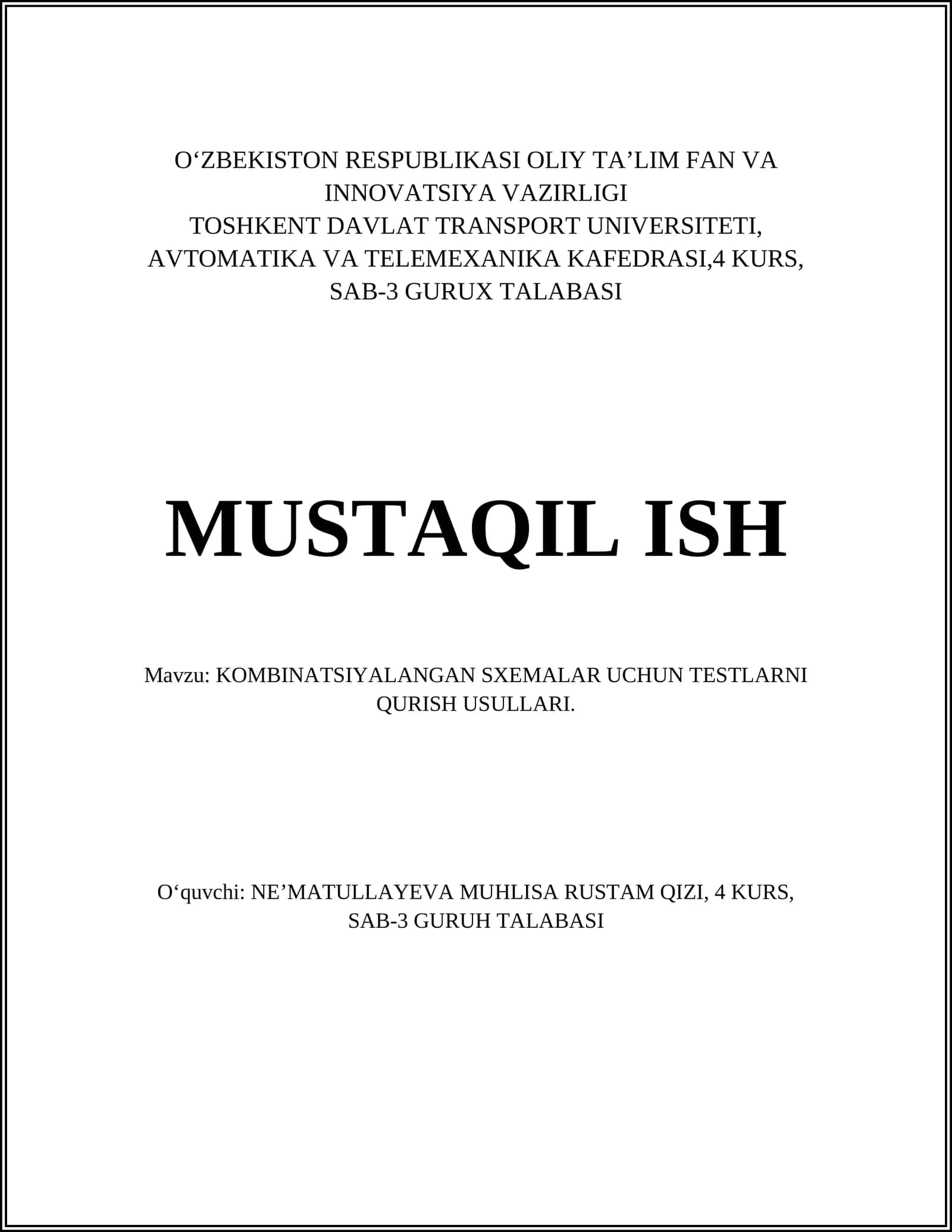 Kombinatsiyali sxemalar uchun testlarni qurish usullari 1