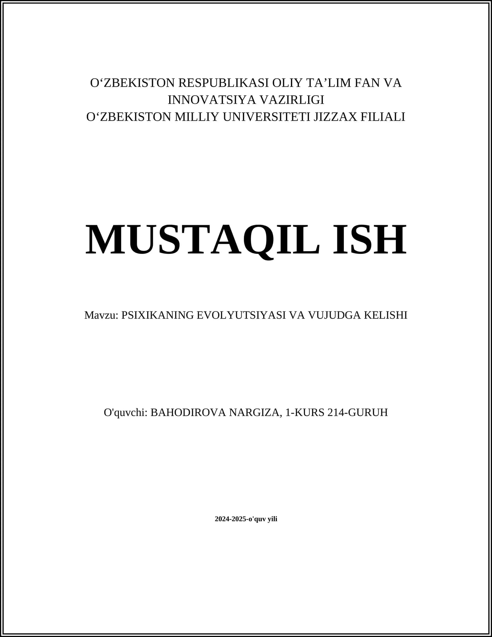 PSIXIKANING EVOLYUTSIYASI VA VUJUDGA KELISHI 1