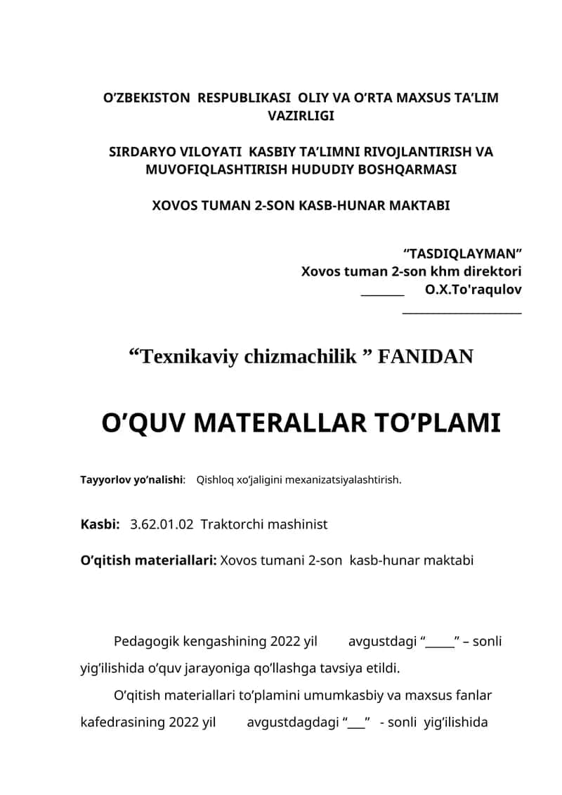 "Texnikaviy chizmachilik" FANIDAN O’QUV MATERALLAR TO’PLAMI 1