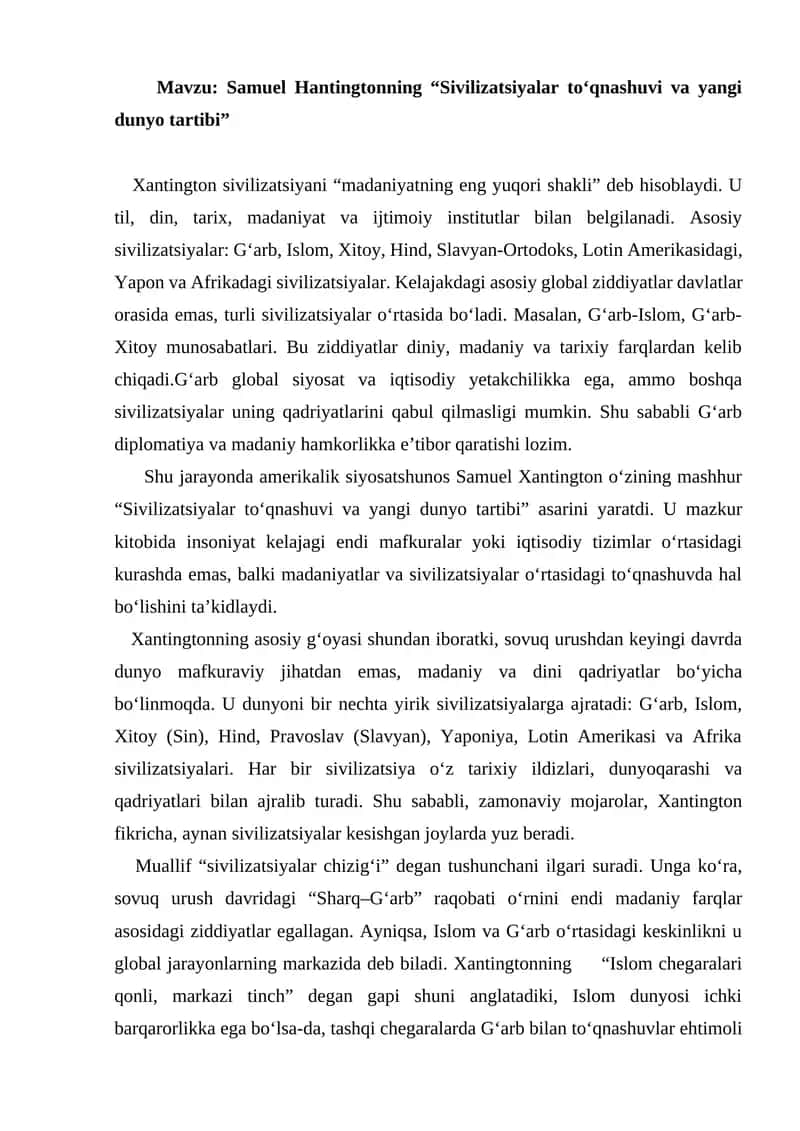 Samuel Hantingtonning “Sivilizatsiyalar to‘qnashuvi va yangi dunyo tartibi” 1