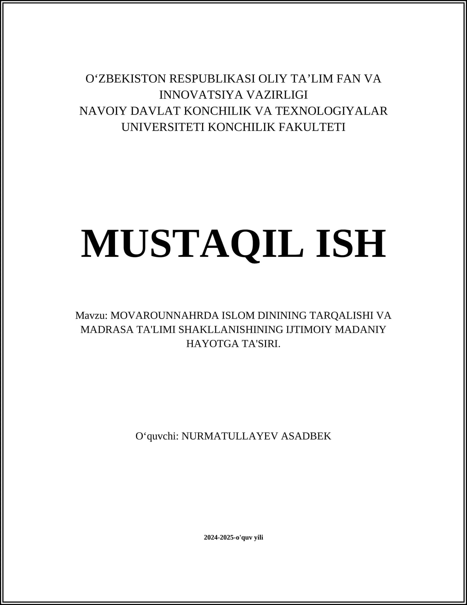 MOVAROUNNAHRDA ISLOM DININING TARQALISHI VA MADRASA TA'LIMI SHAKLLANISHINING IJTIMOIY MADANIY HAYOTGA TA'SIRI 1