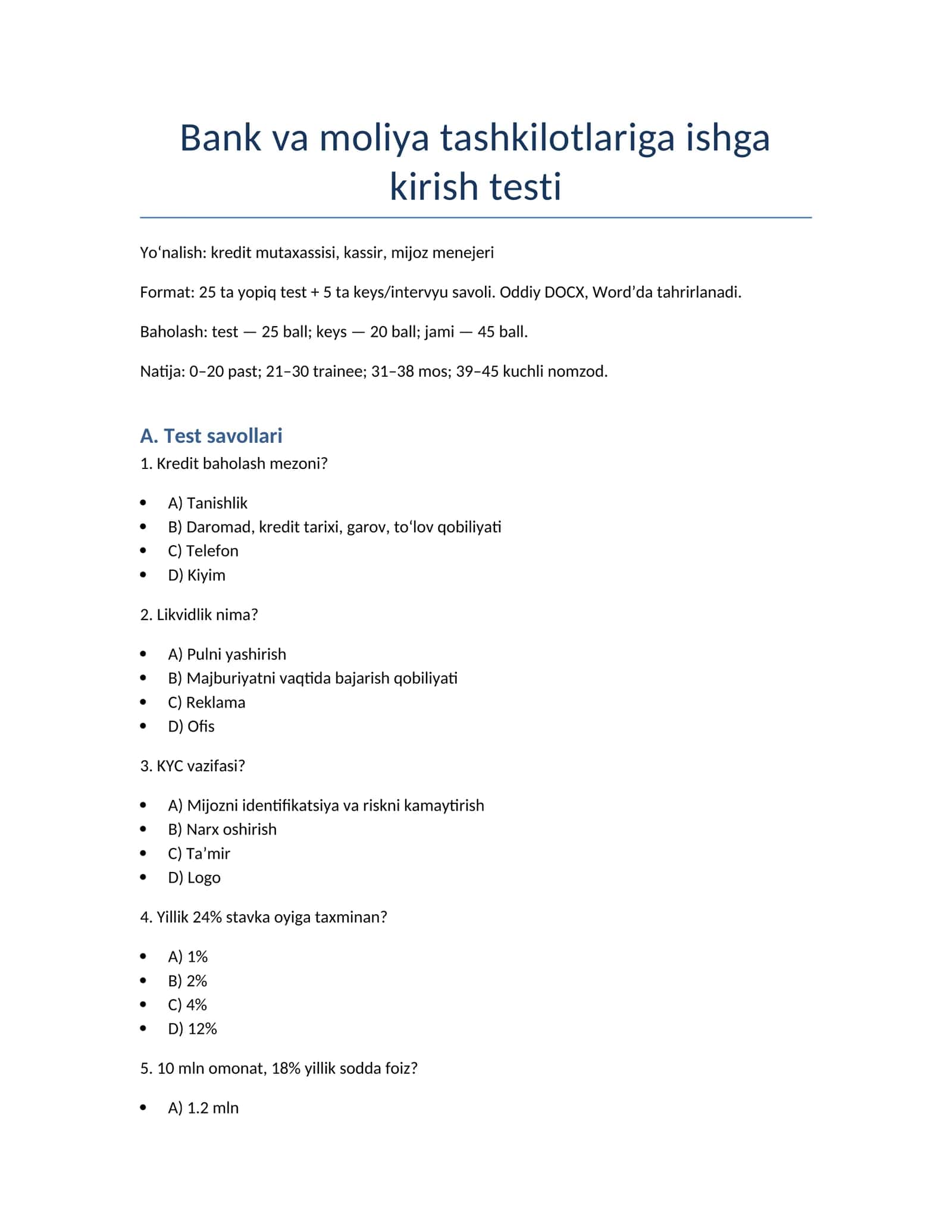 Bank va moliya tashkilotlariga ishga kirish testi 1