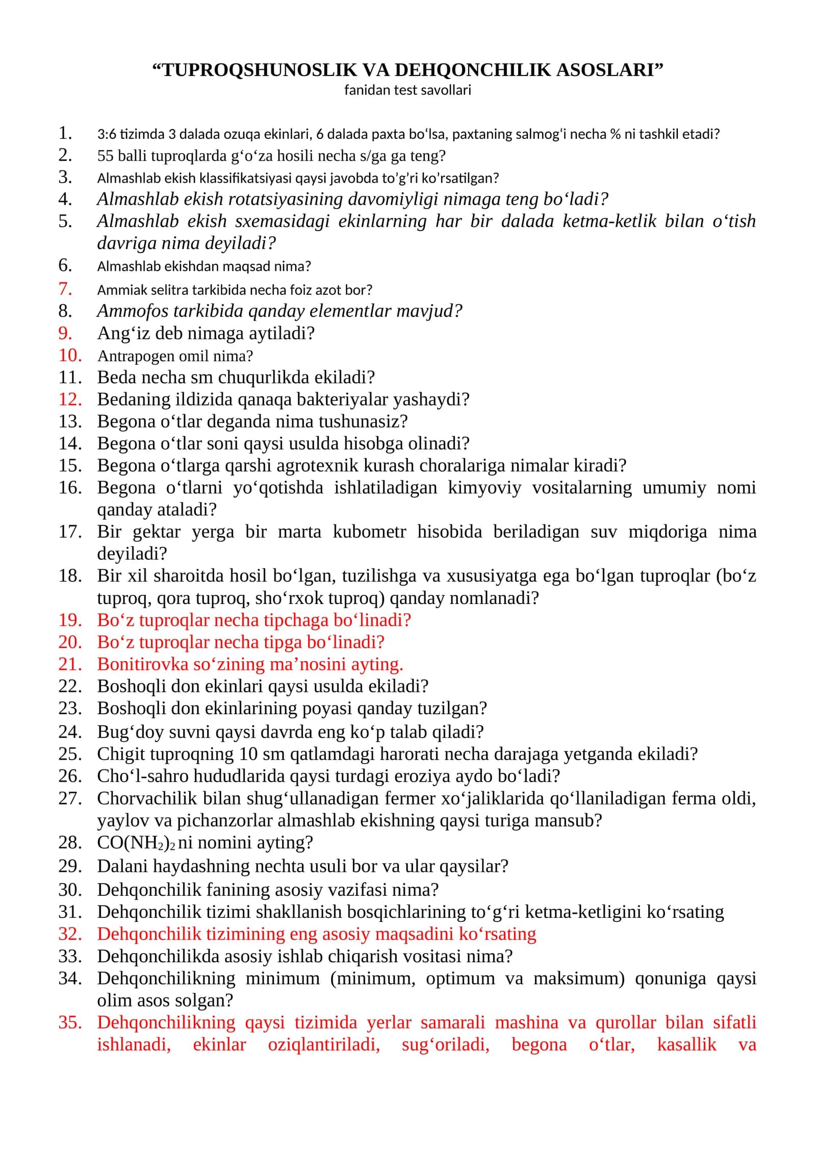 TUPROQSHUNOSLIK VA DEHQONCHILIK ASOSLARI fanidan test savollari 1