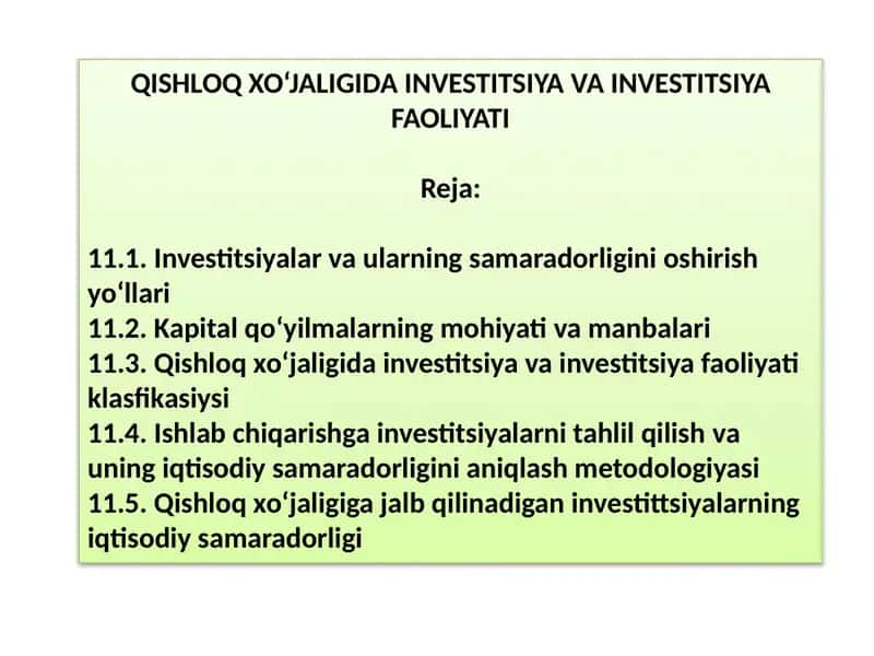 QISHLOQXO‘JALIGIDAINVESTITSIYA VA INVESTITSIYAFAOLIYATI 1