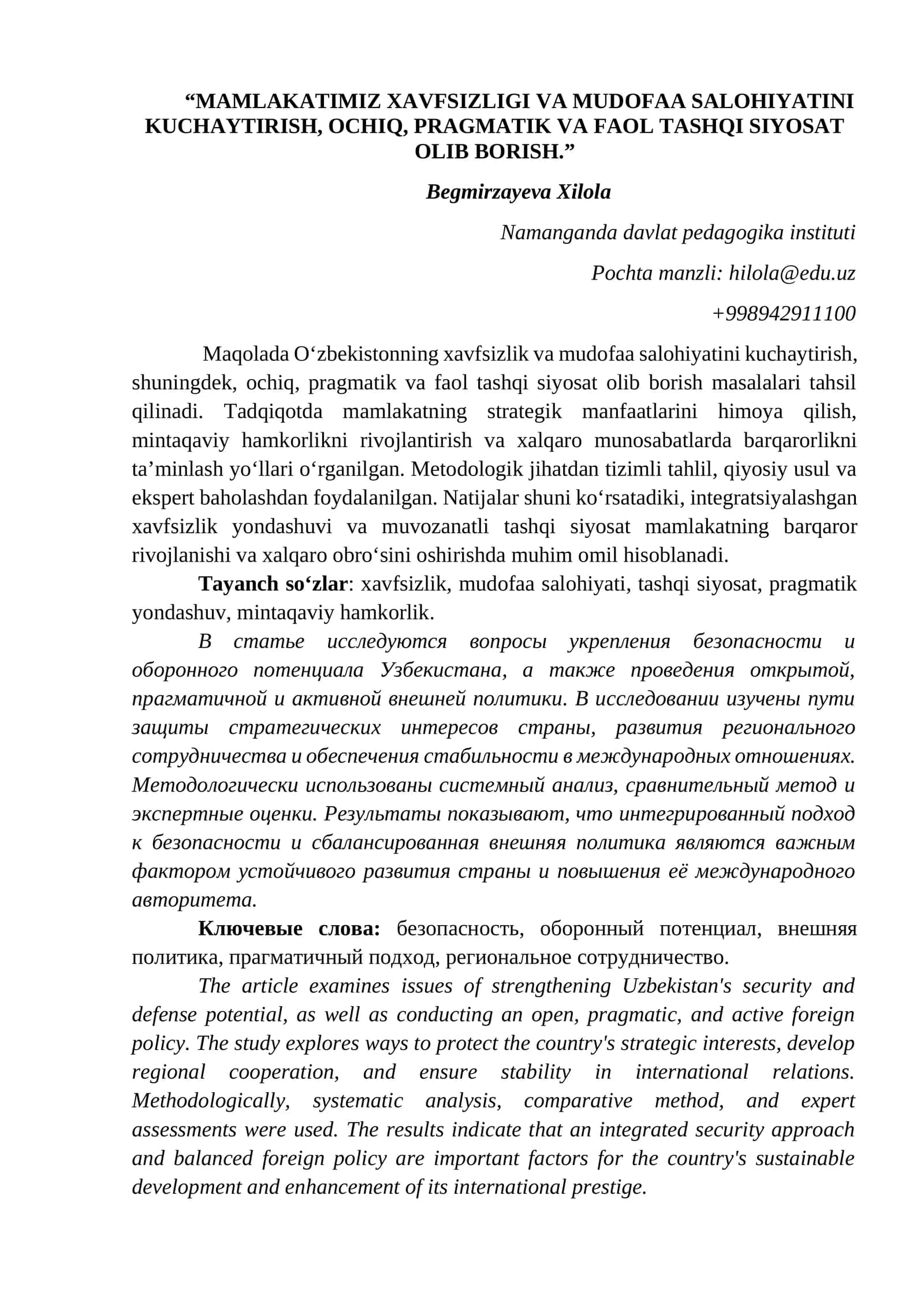 MAMLAKATIMIZ XAVFSIZLIGI VA MUDOFAA SALOHIYATINI KUCHAYTIRISH, OCHIQ, PRAGMATIK VA FAOL TASHQI SIYOSAT OLIB BORISH 1