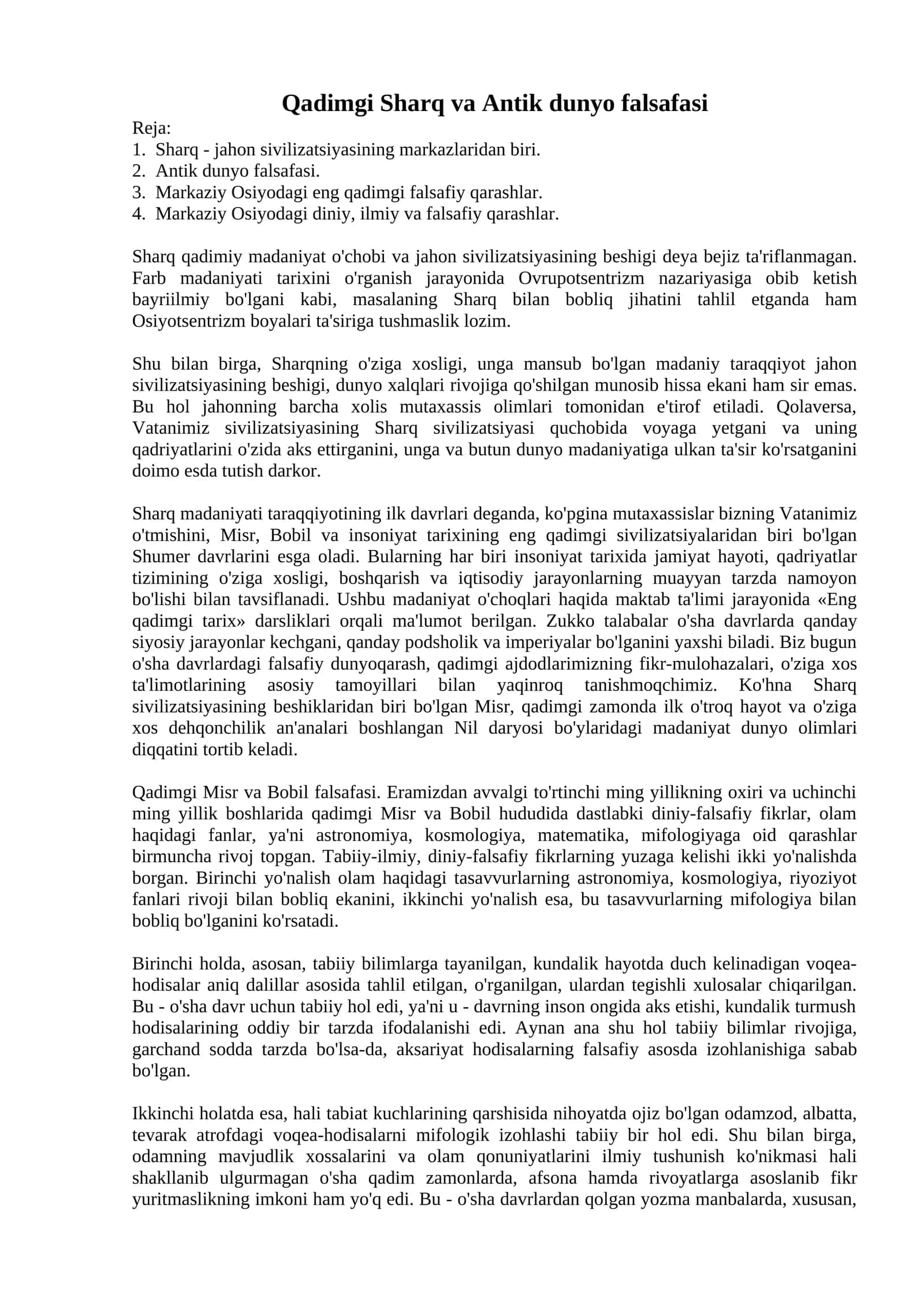 Qadimgi Sharq va Antik dunyo falsafasi 1