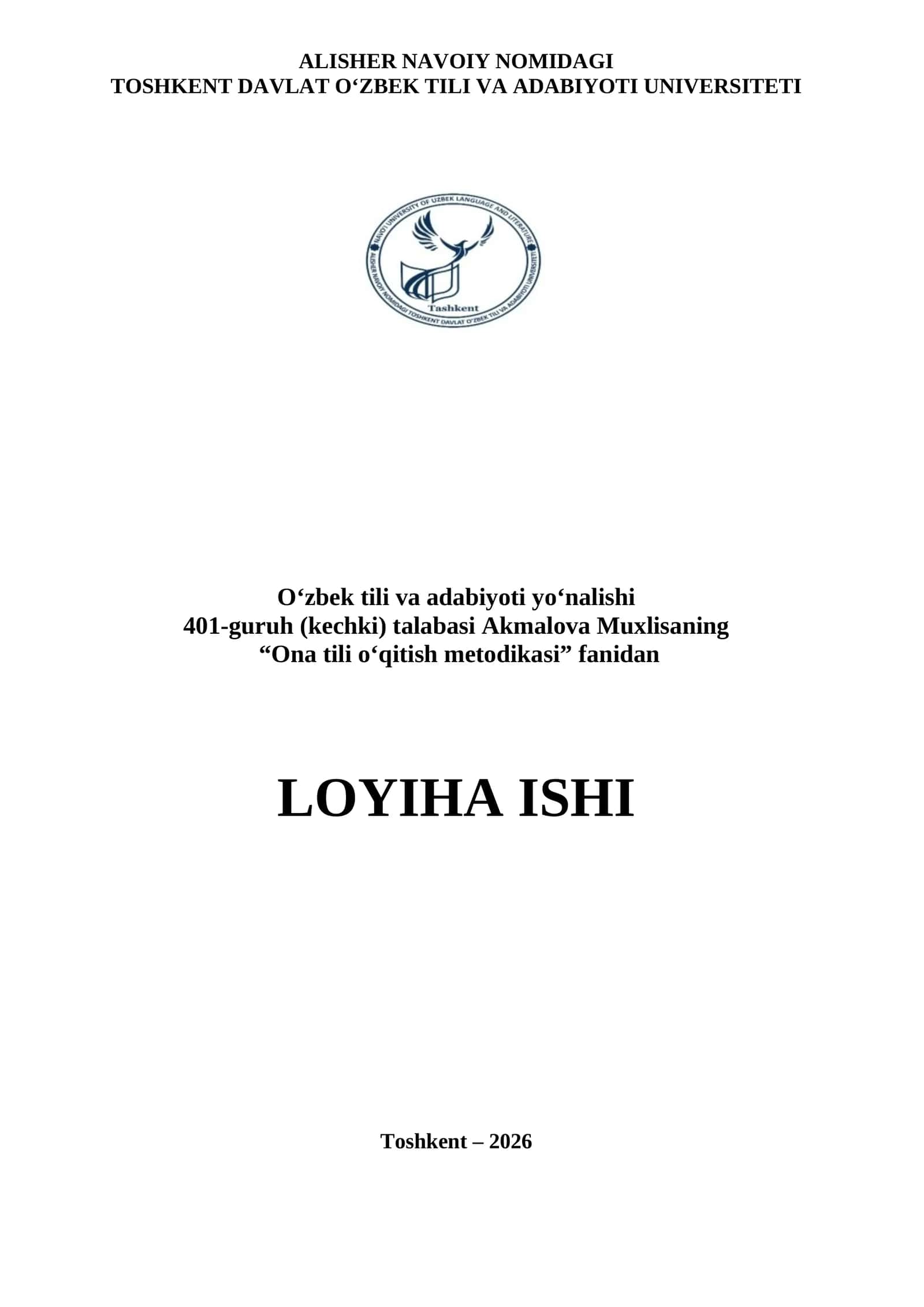 Ona tili o‘qitish metodikasi fanidan loyiha ishi 1