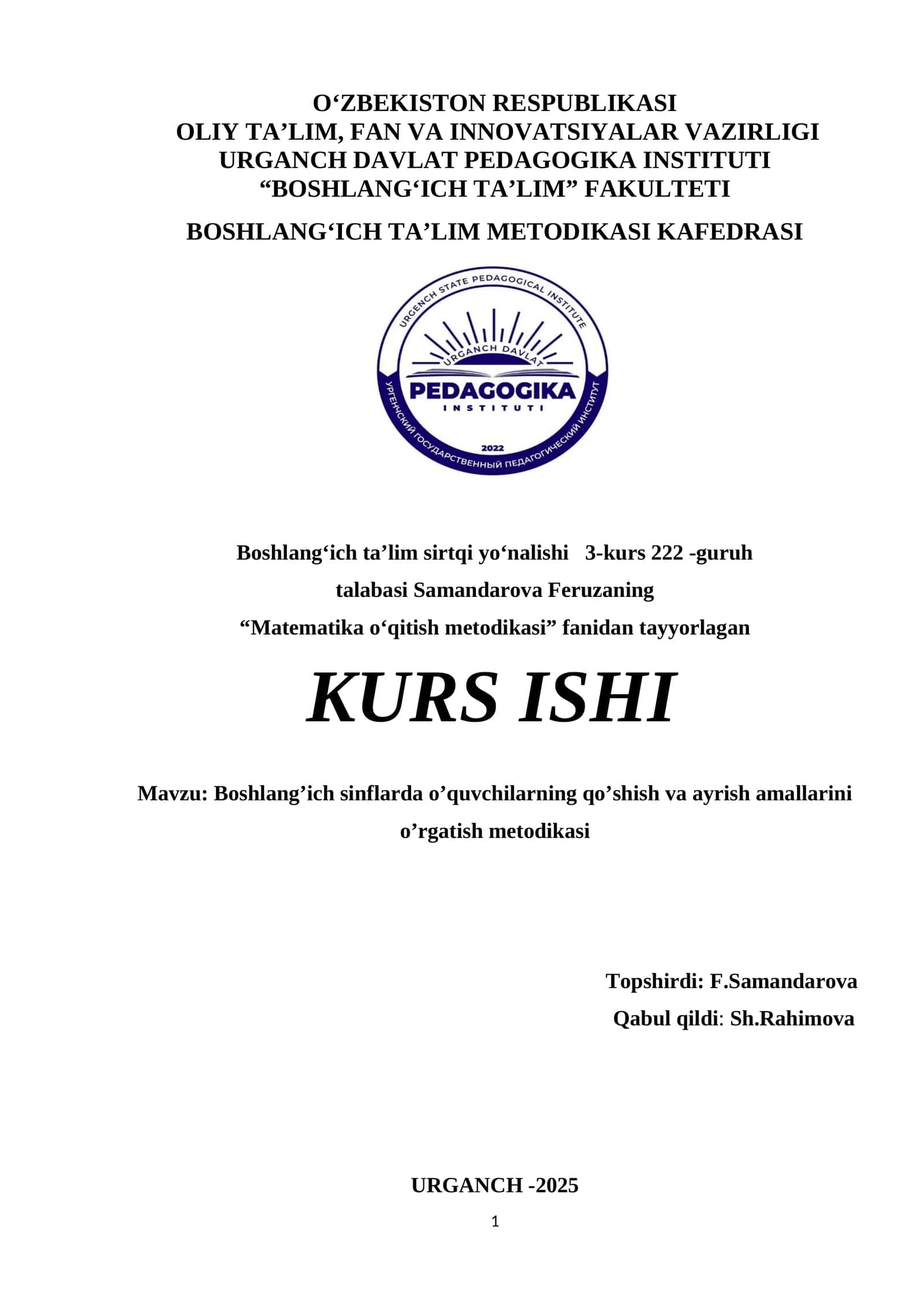 Boshlang’ich sinflarda o’quvchilarning qo’shish va ayrish amallarini o’rgatish metodikasi 1